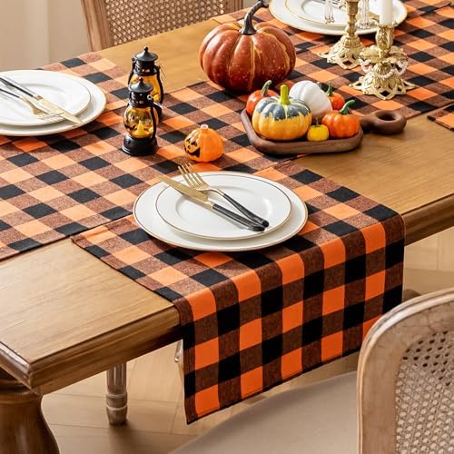 Joyfol Day 4-Pack Orange Buffalo Plaid Cloth Napkins - 17x17 Inch Halloween & Fall Checkered Dinner Napkins, Washable for Thanksgiving Table Decor (Set of 4)