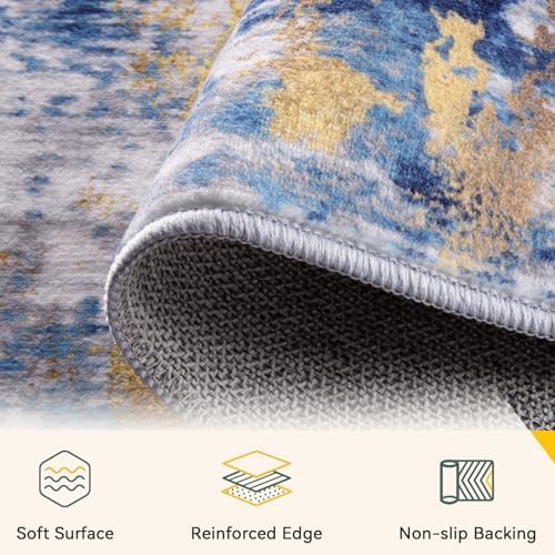 RELEANY Washable Runner 2'6"x10' Abstract Area Rug for Hallway Blue Gold
