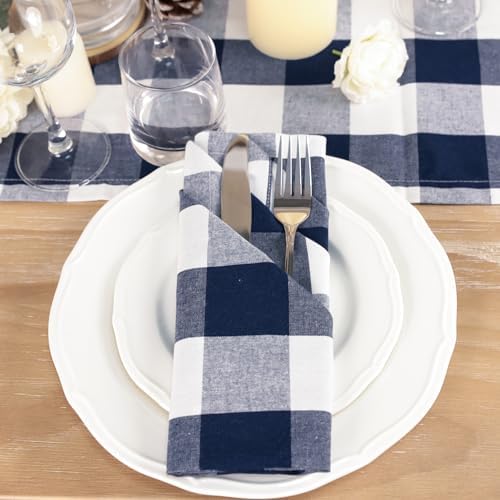 Cotton Blend Buffalo Plaid Table Napkins (Set of 4), 20 x 20 Inch Washable Dinner Napkins, Checks Cloth Napkins for Restaurant, Wedding, Holiday, Farmhouse, Navy and White