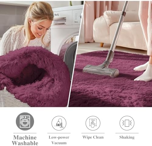 OLANLY Burgundy Round Rugs for Bedroom - Machine Washable, 8 ft Circle Area Rugs for Living Room, Soft and Fluffy