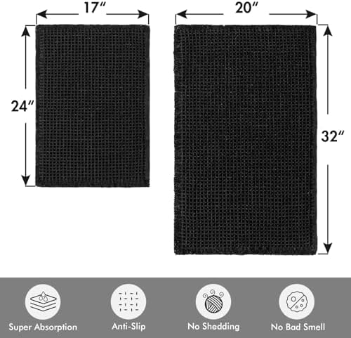 MIULEE Set of 2 Waffle Bathroom Rugs Boho Bath Mat Black 17"x24"+20"x32"