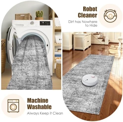 Washable Area Rug 2'6'' x 8' Vintage Traditional Persian Mat - Foldable Distressed Non-Slip Machine Washable Carpet for