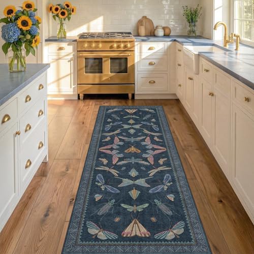 2x7 Navy Blue Bathroom Runner Rug, Washable Vintage Insect Carpet for Kitchen Floor, Hallway & Bedroom, Low Pile Soft