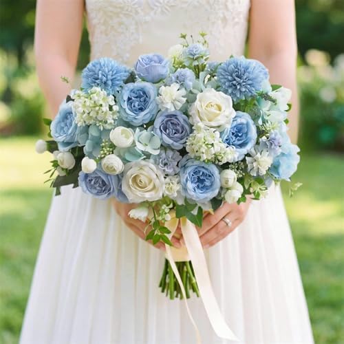 8 Pcs Mixed Artificial Peony Flowers Set-4 Bouquets & 4 Stems, Blue Fake Peony Rose Hydrangea Flowers for Vase Silk Floral Arrangements for Table Centerpiece Wedding Party Bridal Decoration Home Decor