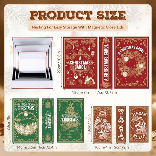 Threehoney 3 Pack Christmas Decorative Books Christmas Decor Extra Deep Faux Book Russian Doll Style Hidden Storage Box with Magnetic Cover Holiday Themed