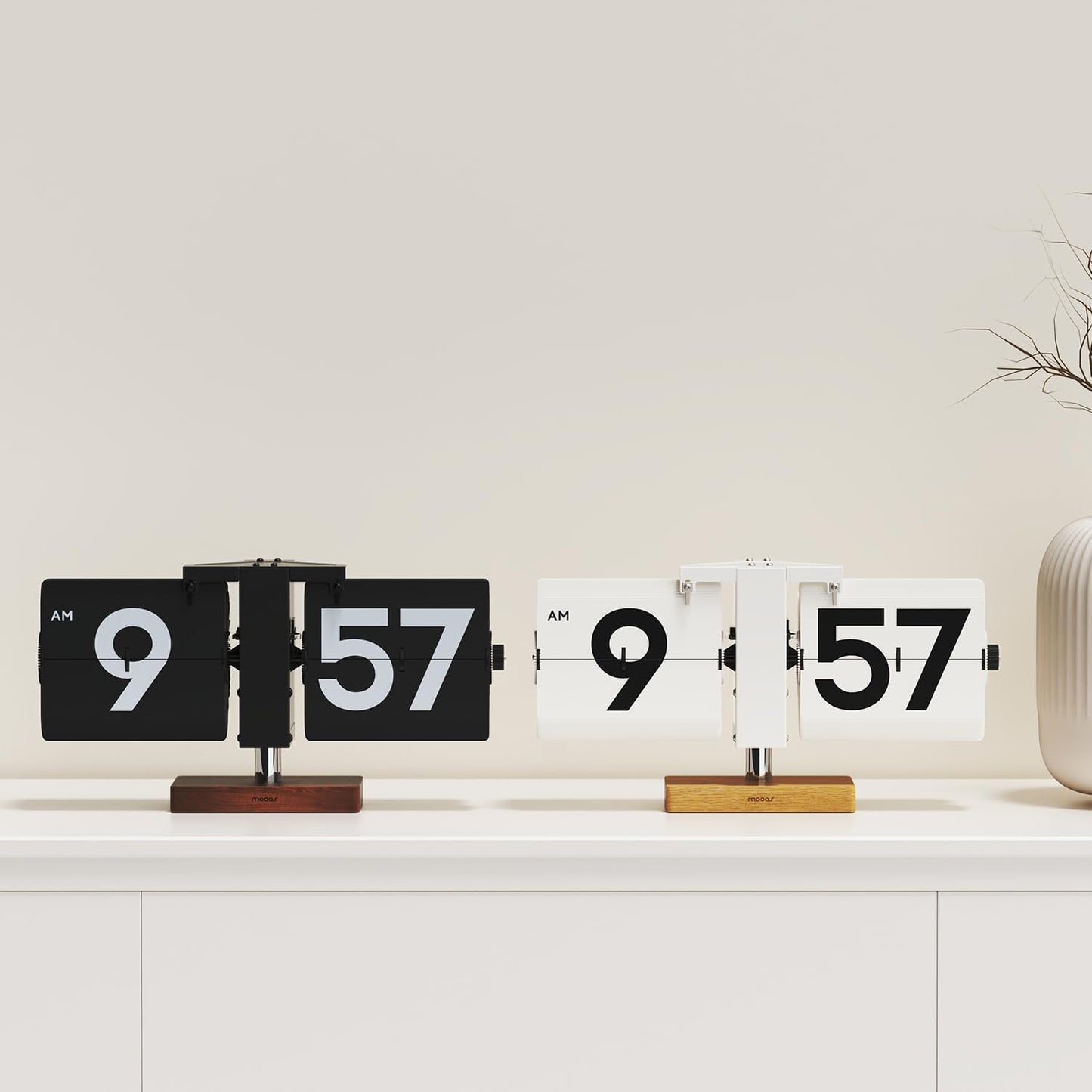 mooas Classic Modern Wood Big Flip Desk Clock (White) | Retro Vintage Analog Design Auto Flip Clock Table Clock Large