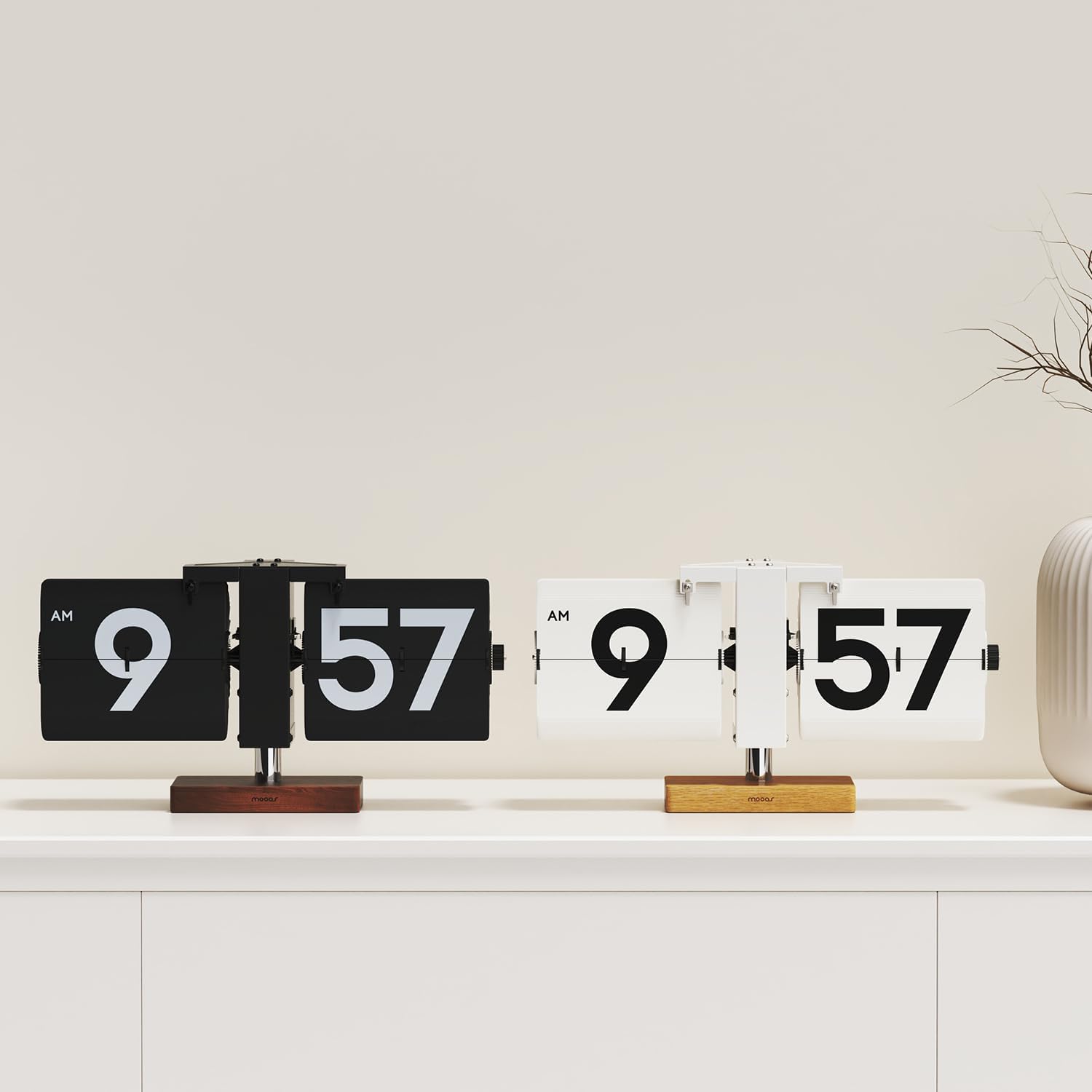 mooas Classic Modern Wood Big Flip Desk Clock (White) | Retro Vintage Analog Design Auto Flip Clock Table Clock Large