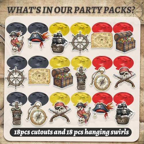 Pirate Hanging Swirls, 36Pcs Pirate Treasure Ceiling Streamers Captain Hat Skull Hanging Decorations for Pirate Themed Party Supplies