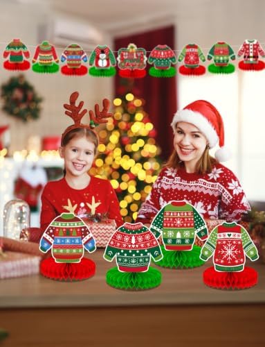 Christmas Ugly Sweater Party Table Decorations, 9 Pcs Ugly Sweater Honeycomb Centerpieces, 3D Funny Holiday Table Topper for Christmas Party Supplies, Winter Home & Office Decor