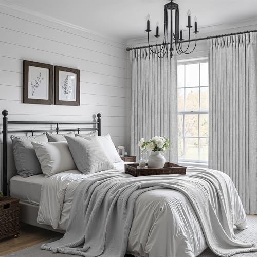 PleatedDrapes Light Grey Pinch Pleat Curtains 105 Inches Extra Long for Room Divider, Memory Shape Semi Sheer Natural