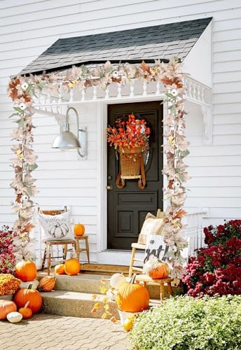 Lvydec Fall Maple Leaves Garland Decoration - 5.8ft Artificial Fall Foliage Garland with White Pumpkins Autumn Decor for Halloween Thanksgiving Home Table Decor (White)