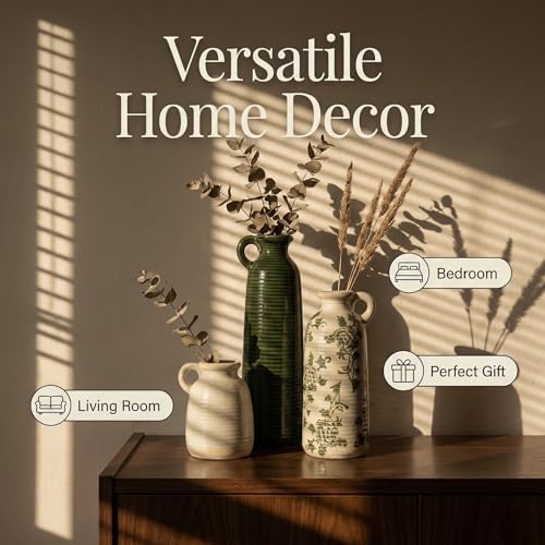 Ceramic Vase Set of 3 with Handles, Green White Neutral Rustic Modern Farmhouse Boho Decor, Versatile as Table