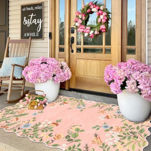 Pink Floral Entry Rug, 3x5 Ft Indoor Outdoor Mats for Front Door