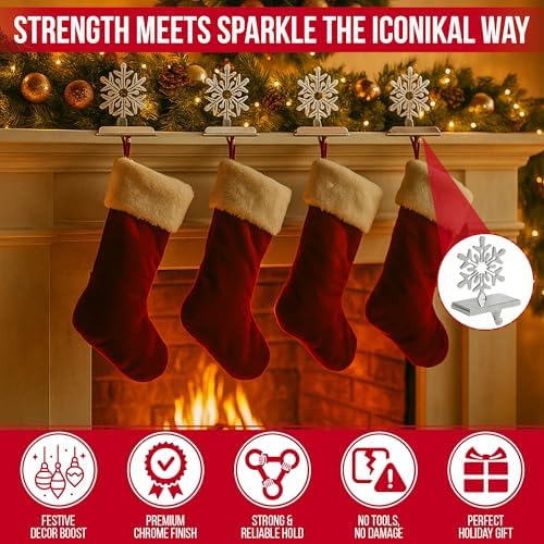 Iconikal 4-Pack Stocking Holders Christmas Chrome Metal Snowflake Weighted