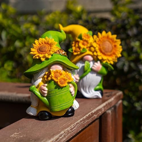 2PCS Sunflower Gnome Decor,Dynamic Spring Gnomes Decorations for Home and Yard Swedish Tomte Elf Dwarf Figurines Summer Outdoor Gnomes Gifts for Women (Sunflowers)