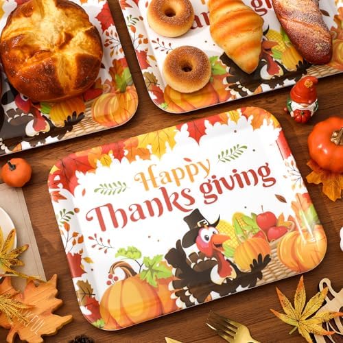 Whaline 3 Pcs Thanksgiving Day Serving Trays Turkey Pumpkin Maple Leaves Reusable Melamine Trays Platters for Fall Autumn Harvest Holiday Party Food Snack Dessert Decorations, 10 x 13 Inch