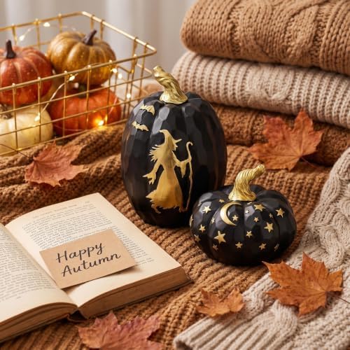 5.3Inch Black Resin Pumpkin Halloween Witch Table Centerpiece Decor