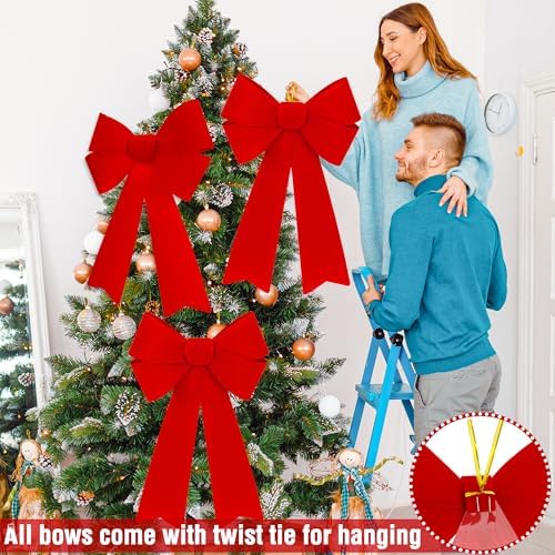 10 PCS Christmas Bows for Wreaths, 12 x 18 Inches Red Christmas Decorations, Christmas Tree Bow Red Velvet PVC Outdoor Red Christmas Bows Hanging Kink Red Christmas Bow for Wreath Stairs Xmas Party