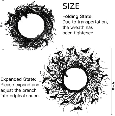 Sggvecsy 17.7"Artificial Black Twig Wreath with Glitter Bats - Handmade Sparkling Hanging Decorations for Front Door, Indoor/Outdoor Halloween Party