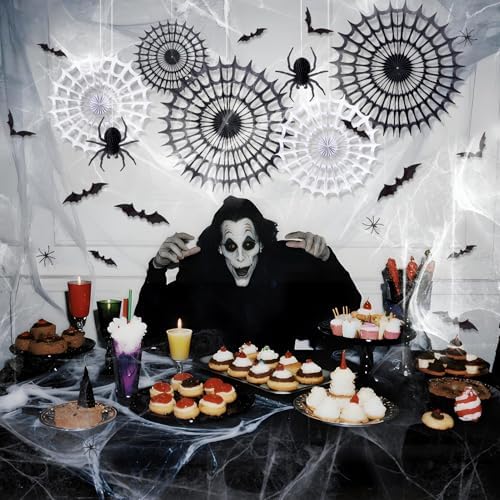 Spider Webs Halloween Decorations with 5 Black White Paper Fans, 6 Fake Spiders and 12 Bat Wall Stickers for Wall Indoor Outdoor Halloween Party Decor