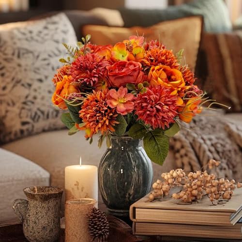 2 Bundles Fall Artificial Flowers Bouquet Fake Peony Silk Chrysanthemums Autumn Faux Floral Arrangements for Home Decor Indoor Kitchen Table Centerpieces Vase Decoration (2, Burnt Orange)