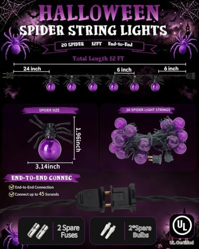12FT Halloween Purple Spider String Lights, Plug-in 20 LED Decor