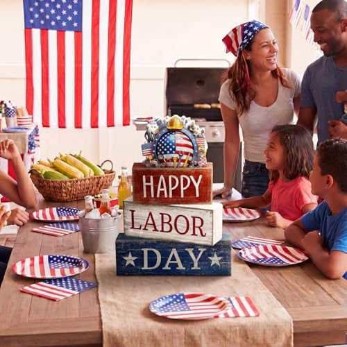 Moucuny 4 Pcs Labor Day Red White Blue Wooden Block Signs Table Decor
