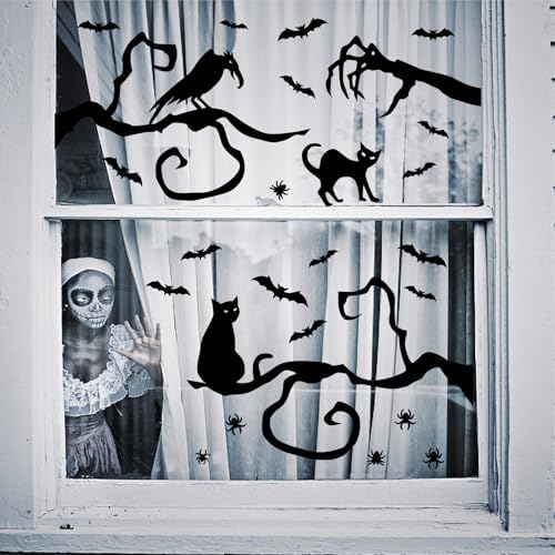 Tree Branch Bat Wall Stickers Halloween Vinyl Black Cat Crow Window Decals