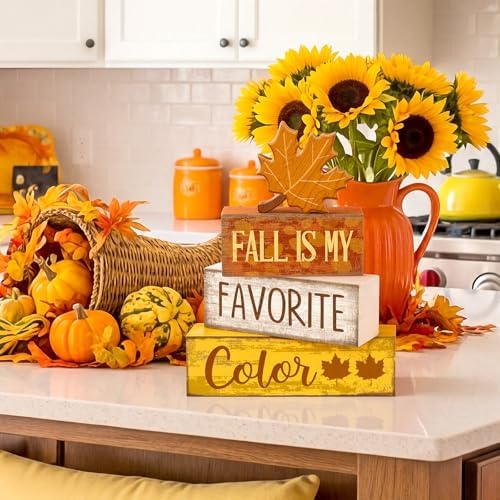 Lineshading 4 Pcs Fall Wooden Block Signs Farmhouse Tabletop Maple Leaf