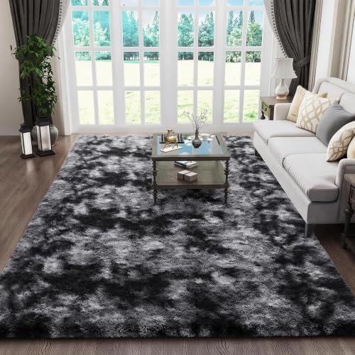 Ophanie Tie-Dyed Black & Grey Area Rugs 5x8 for Bedroom Living Room, Fluffy Shag Fuzzy Carpet, Plush Shaggy Rug, Indoor