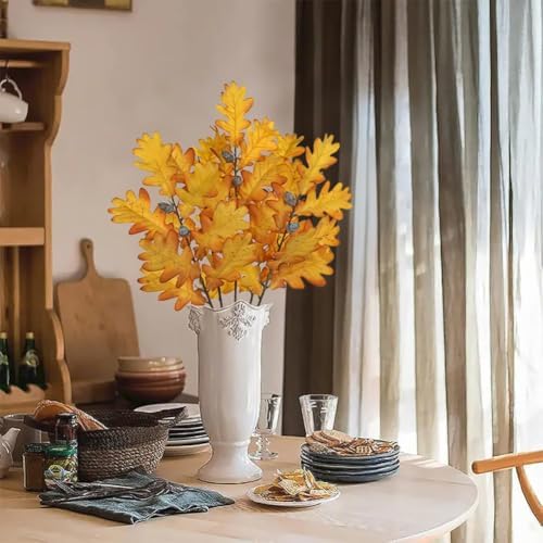 GnFlus 5 Pcs Artificial Fall Oak Leaves Stems 19.6” Fake Autumn Foliage Branches for Home Kitchen Farmhouse Vase Thanksgiving Table Centerpieces Party Halloween Decor Yellow