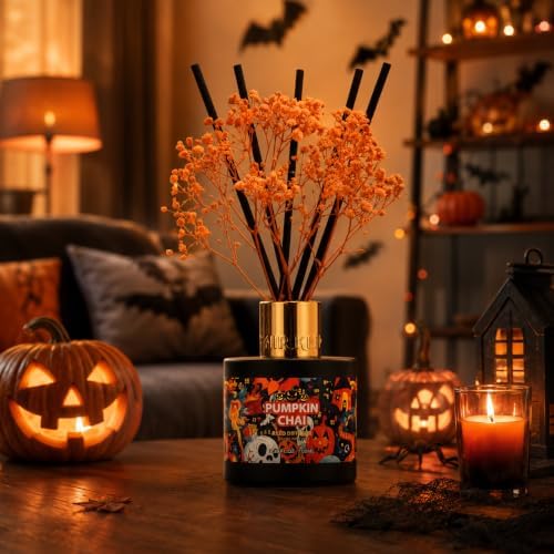 Airkeep Halloween Reed Diffuser Set,3.38 fl oz (100 ml) - Pumpkin Chai Oil Diffusers with 8 Reed Sticks, Home Fragrance