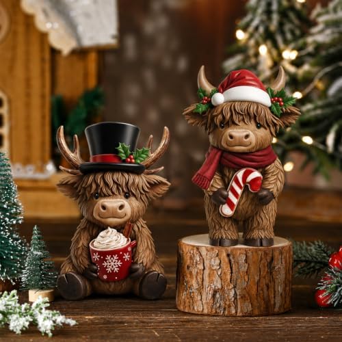 Simgoing 2 Pcs Christmas Highland Cow Figurines Resin Santa Reindeer Cow