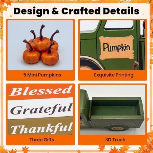 OLANRUN Fall Decor for Home, 9 Pcs Wooden Fall Table Decor with 3 Books, 3D Truck, 5 Pumpkins, Autumn Thanksgiving Decorations for Indoor Home Table Centerpieces Kitchen Tiered Tray Office Mantel