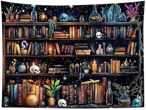HVEST Magic Bookshelf Wall Tapestry Vintage Bookshelf Witchy Books Plant Skull Gothic Halloween Tapestry Wall Hanging Starry Sky Tapestries for Bedroom Living Room Dorm, 70.9L x 92.5W Inches