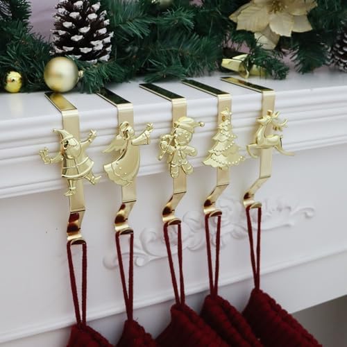 Christmas Stockings hooks, Gold Christmas Stockings holder for Mantle Set of 5, Reusable Christmas Stocking Hooks, No-Damage Xmas Hanger for Fireplace Stand Christmas Decoration Ornaments Hanging