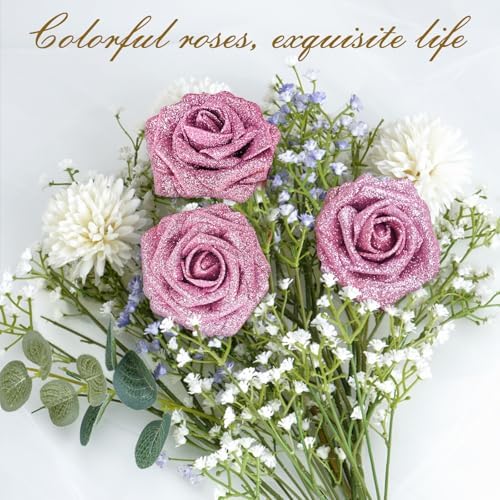 BLEUM CADE 16Pcs Artificial Flowers Glitter Roses with Stems for Wedding