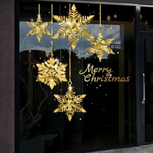 Christmas Tree Window Clings Stickers for Glass, Golden Christmas Snowflake Windows Static Stickers, DIY Wall Window Door Mural Showcase Decal Sticker (Style B)