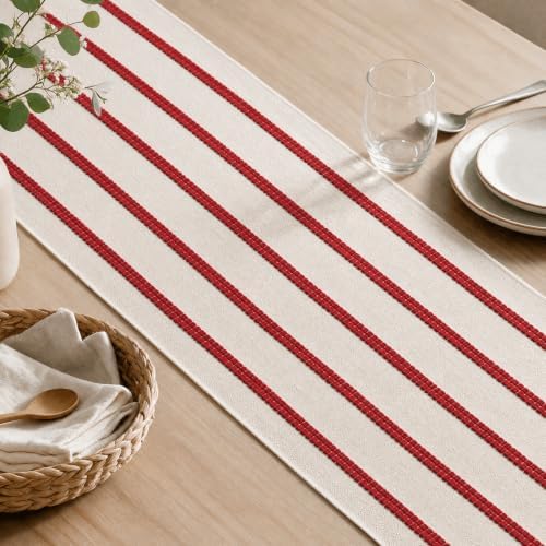 Artoid Mode Red Farmhouse Woven Stripe Christmas Table Runner, Seasonal Holiday Boho Rustic Kitchen Dining Table Decoration for Home Party Decor 12x108 Inch