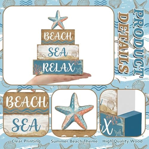 Britimes Tiered Tray Decor Set, 4 Pack, Wooden Table Sign, Ocean Beach