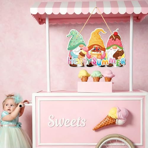 Summer Gnomes Welcome Door Sign 12" Ice Cream Gnome Wooden Hanging Sign Happy Ice CreamTropical Wall Art Decor, Farmhouse Home Door Porch Wall Decorations, Housewarming Summer Gift