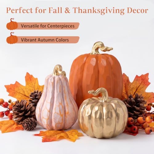 VioraWhite 3 Pack Fall Pumpkin Decor White and Gold Resin Pumpkin Statues