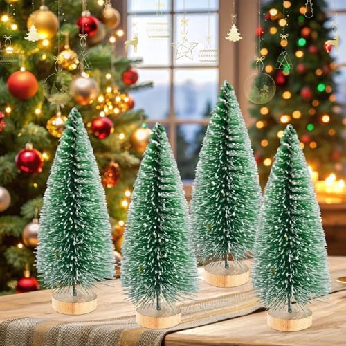 12 Pcs Mini Christmas Tree, 6 Inch Artificial Christmas Tree with Wooden Bases Small Christmas Tree Table Decor Bottle Brush Trees for Christmas Table Decorations (6 Inches)