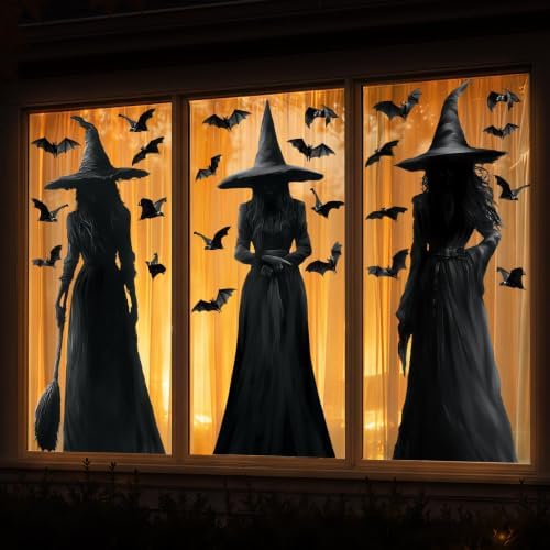 Halloween Decorations Window Clings Decor: 3pcs Large Realist Dark Witch Bats Silhouette Halloween Decals Cling Indoor, Scary Creepy Style School Home Office Party Supplies for Glass Windows