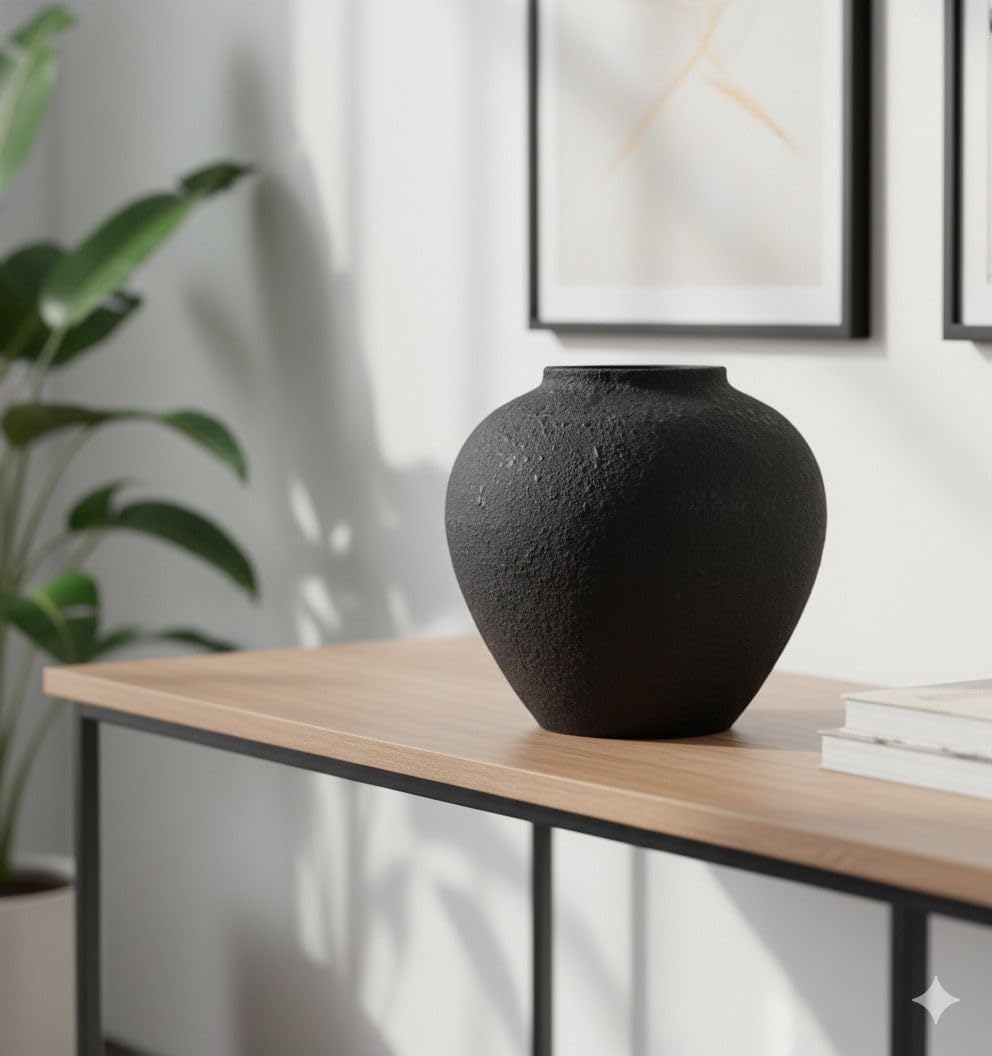 SilkSerenade Large Black Round Vase for Flowers & Table Centerpieces / Black Large Round / 11 Inch