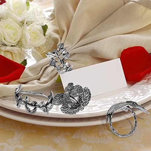 Cunhill 8 Pcs Herb Napkin Rings Set Vintage Leaf Napkin Holders, Silver