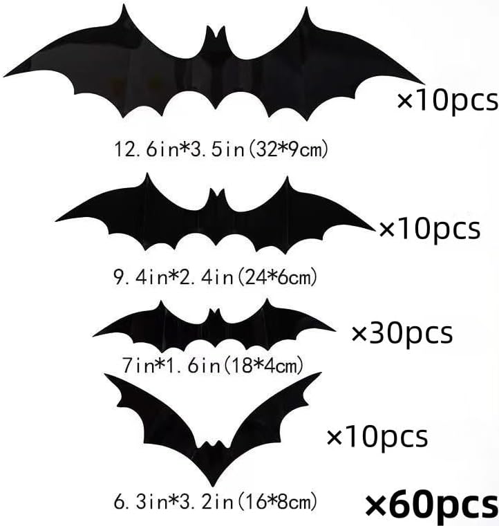 Halloween Decorations Scary Bat Wall Stickers Decor Supply Black Bats Wall Wall Decor for Fireplace Ceiling Kitchen Bedroom Living Room Décor 60 Pcs Bat Wall Stickers Decals Halloween Party Supplies