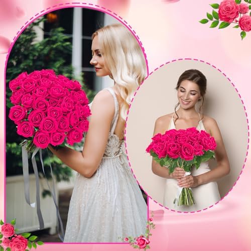 36 Pcs Hot Pink Artificial Roses with Long Stems