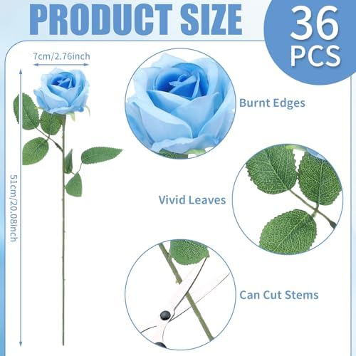 36 Pcs Sky Blue Artificial Roses with Long Stems