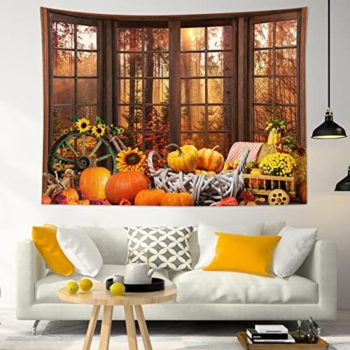 HVEST Fall Tapestry Autumn Maple Tree Forest Scenery outside Window Wall Art for Bedroom, Pumpkin Sunflower Thanksgiving Wall Tapestry for Home Living Room Dorm Holiday Wall Decor, 59W X 51L Inches